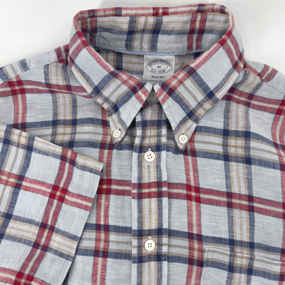 Brooks Brothers Regent Irish Linen Shirt Mens Medium Short Sleeve Plaid Grey Red